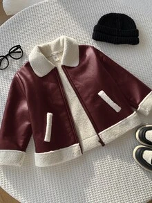 SHEIN 兒童小男孩加厚夾棉外套 冬季PU外套 抓絨加厚 秋冬衣款 拼接黑色皮革機車夾克 - 酒紅色 - 查看 6