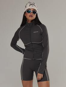 Musera Sport Contrast Colour Piped Fitted Cinched Zip Through BBL Style Coord Jacket Active Outdoors Workout Gym Terra Peak - Black - View 2