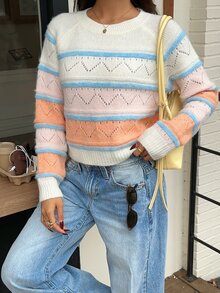 Dulcita Women's Colorblock Round Neck Raglan Long Sleeve Casual Sweater - Multicolor - View 6