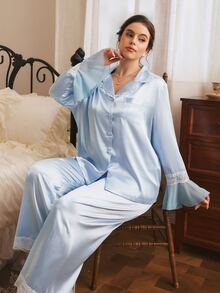 Côtesoire Plus Size Women's Contrast Lace Bell Sleeve Single-Breasted Top And Pants Elegant Pajama Set - Baby Blue - View 4
