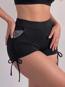 SHEIN Sovereign Charm Women's Plus Size Solid Color Pocket Tie Design Sports Shorts - Black and White - View 4