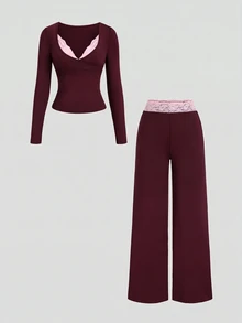 Sweetra Women's Lace Trim V-Neck Long Sleeve Solid Color T-Shirt And Flared Pants, Autumn Outfit, 2 Pieces Set - Burgundy - View 1
