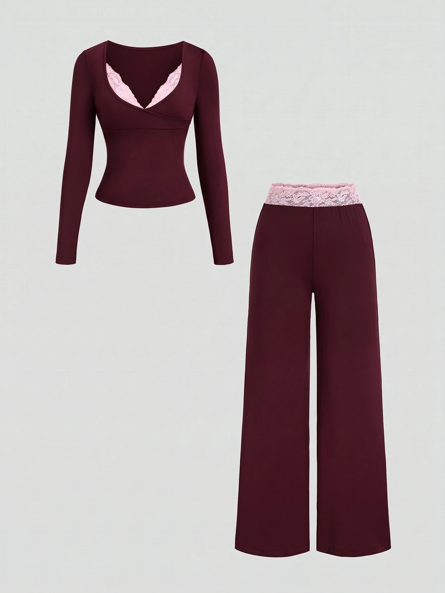 Sweetra Women's Lace Trim V-Neck Long Sleeve Solid Color T-Shirt And Flared Pants, Autumn Outfit, 2 Pieces Set - Burgundy - View 1