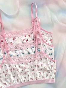 Eraneu Women's 3 Pieces Sweet Floral Pink Lace Lingerie Set - Multicolor - View 3