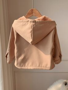 SHEIN 中性嬰兒男/女童、幼兒秋冬保暖內裡加厚休閒可愛連帽夾克外套，嬰兒冬季外套，填充外套，絎縫外套，抓絨 - 卡其色 - 查看 2