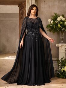 Aureia Plus Size Elegant Glamorous Black Sequin Embroidered Patchwork Chiffon Round Neck Water Sleeve Burnout Print Exquisite Craftsmanship Ruched A-Line Hem Evening Gown Suitable For All Formal Occasions (Heavy Work Design) - Black - View 5