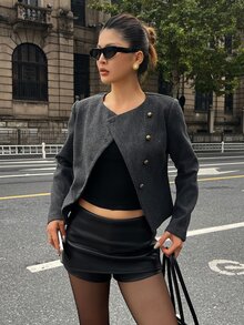 DAZY Women's Street Style Elegant Button Long Sleeve Overcoat - Dark Grey - View 3