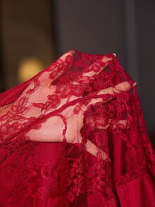 SilkySpell French Style Deep V-Neck Hollow Lace Trim Cami Nightgown And Lace Tie Long Sleeve Robe 2 Pieces Home Set - Burgundy - View 8