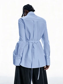 LYSMO Women's Solid Color Casual Versatile Daily Long Sleeve Shirt - Baby Blue - View 2