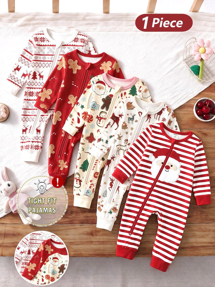 Baby Boy Minimalist Autumn/Winter Christmas Long Sleeve Fitted Pajamas One-Piece Set, Fashionable Cool Classic Casual Comfortable Knit Outfit (Blue/Red Colorway, Cartoon Graffiti Print, Round Neck Long Sleeve Pants, High Elastic Slim Fit Fabric, Zipper Design, Comfortable Loungewear) - Multicolor - View 4