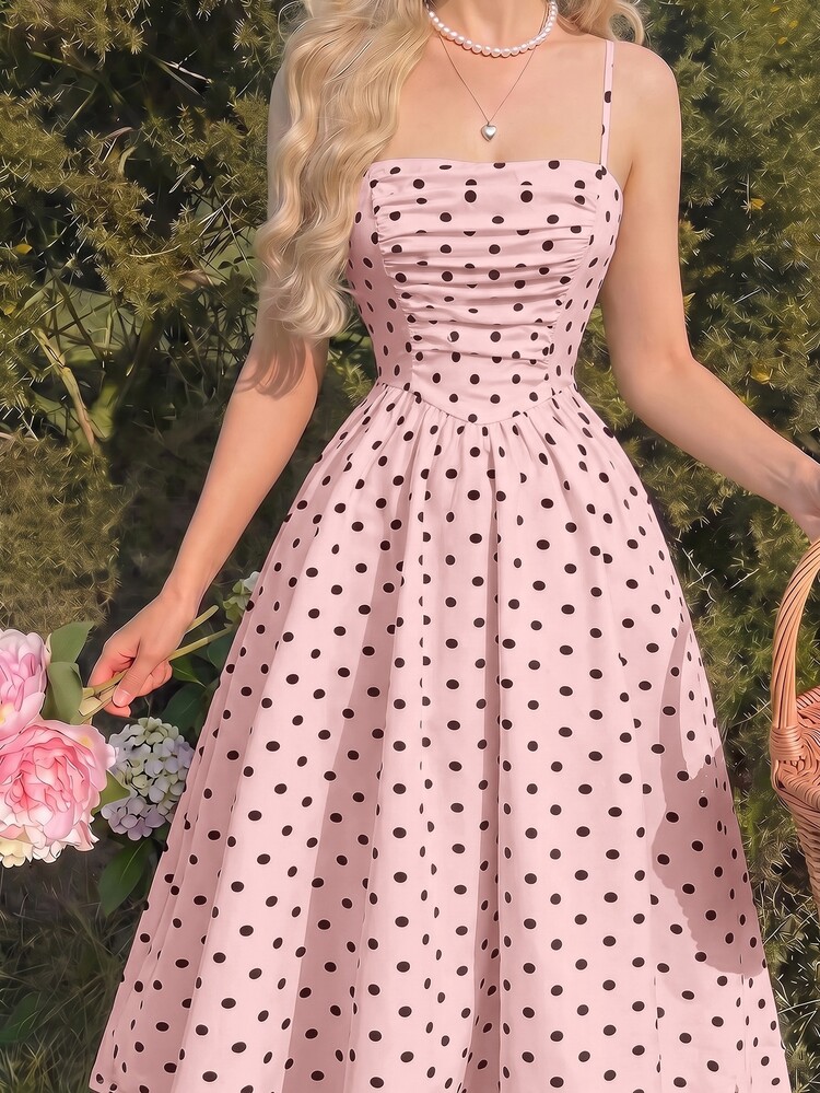 SHEIN MOD Vintage French Classic Ruched White And Black Polka Dot Spaghetti Strap Midi Dress Vacation Summer - Baby Pink - View 1