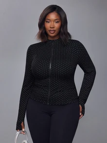 Voyena Women's Plus Size Polka Dot Long Sleeve Zipper Front Sports Jacket - Black - View 6