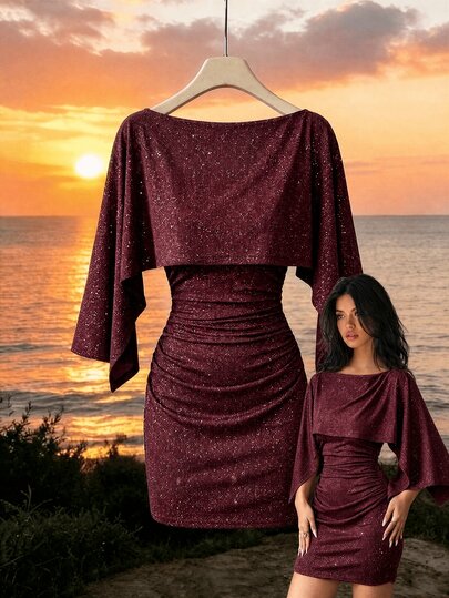 SHEINBlues Rochie elegantă de damă din tricot elastic cu paiete, cu talie evazată, pentru bal, absolvire, Anul Nou, nuntă