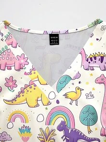 PopScrub Top de blouse infirmière pour femme, style graffiti peint à la main, imprimé coloré dinosaure nœud-en-ciel et plante, couleur abricot clair, mode automne/été, col en V, manches courtes, double poche, fente latérale, vêtement de travail, Top de blouse chirurgical mignon pour femme, Top d'uniforme de blouse - Multicolore - Voir 6