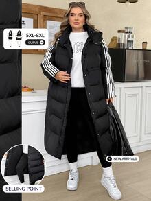 SHEIN CURVE+ معطف طويل مبطن بالريش أسود بقلنسوة وحبل شد، مقاس كبير، مناسب للخريف/الشتاء، بأسلوب العودة إلى المدرسة والكلية، مناسب للاستخدام اليومي والكاجوال متعدد الاستخدامات - الأسود - مشاهدة 7