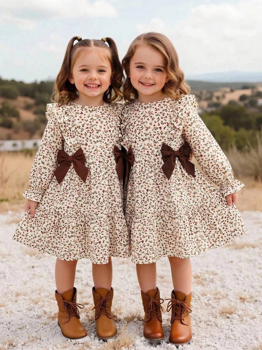 SHEIN Baby Girl Floral Print Bow Decor Dress - Khaki - View 1