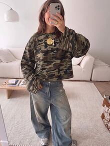 SHEIN EZwear 海外長袖復古卡其迷彩T恤，秋季上衣，適合日常通勤、聚會、秋冬/夏季、聖誕節、新年、感恩節、派對、婚禮、海灘、畢業典禮、優雅、外出、約會、通勤、情人節、優雅、度假、Y2K、畢業典禮等場合 - 彩色 - 查看 6