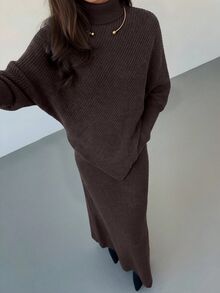 Aloruh Burgundy Knitted 2pcs Set New Autumn - Coffee Brown - View 4