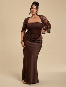 SHEIN BAE CURVE Plus Size Women Brown Lace Dress - Brown - View 2