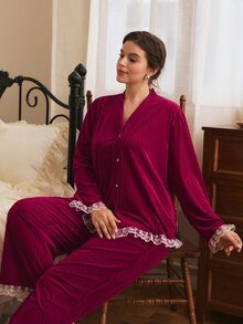 Côtesoire Plus Size Women's French Elegant Velvet Contrast Color Lace Long Sleeve Pants Pajama Set - Burgundy - View 4