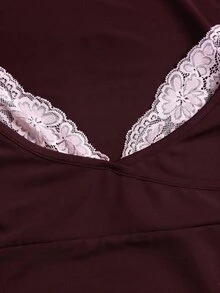 Sweetra Women's Lace Trim V-Neck Long Sleeve Solid Color T-Shirt And Flared Pants, Autumn Outfit, 2 Pieces Set - Burgundy - View 5