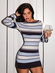 Glamine Women's Striped Colorblock Casual Everyday Knit Dress - Blue - View 4