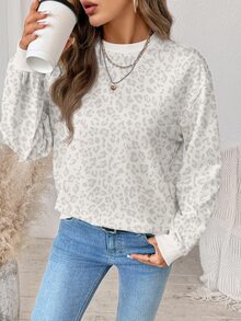 SHEIN LUNE 女款休閒淺色豹紋圓領衛衣，適合秋冬穿著 - 白色 - 查看 4