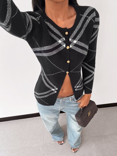 Glamine Women's Striped Long Sleeve Single-Breasted Casual Knit Cardigan