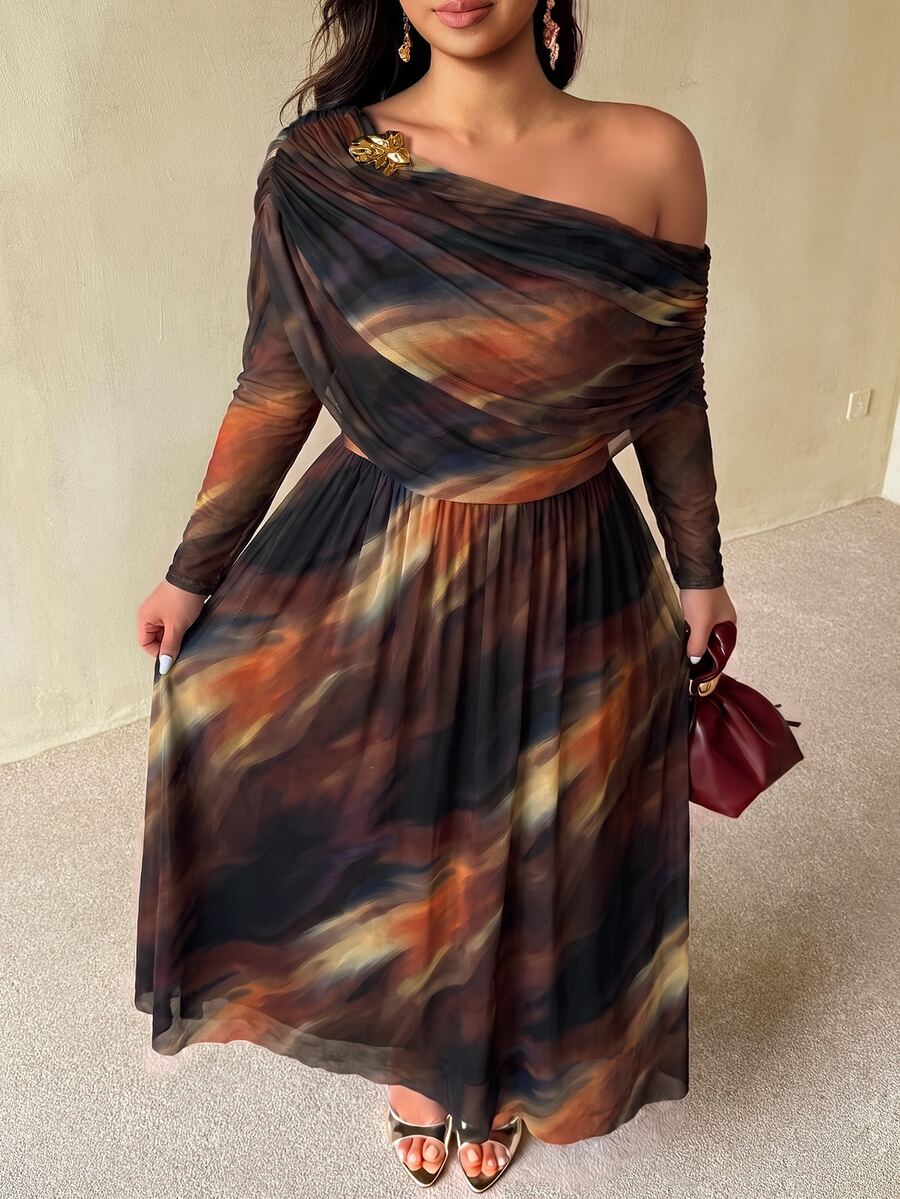 Auralis Plus-Size Off-Shoulder Dress With A Fitted Waist And Flared Skirt / Brown Tie-Dye Dress / High-Stretch, Comfortable Mesh Dress - Brown - View 1