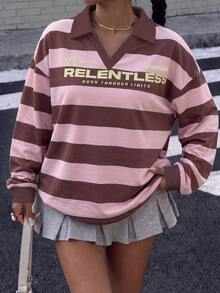 Muchica 女款 Polo 領長袖寬鬆運動衫，棕色與粉色條紋學院風返校季服飾 - 彩色 - 查看 4