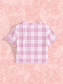 HELLO KITTY AND FRIENDS | SHEIN 女款格紋字母印花休閒日常短袖T恤 - 白色 - 查看 4