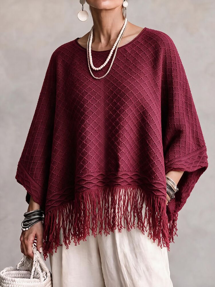 SHEIN Women's Solid Color Tassel Design Casual Daily Wear Knit Cape - Burgundy - View 1
