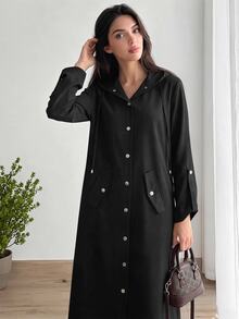 Solavon Women's Solid Color Front Button Hooded Jacket And Pants Arabic Outfit Set - Black - View 3