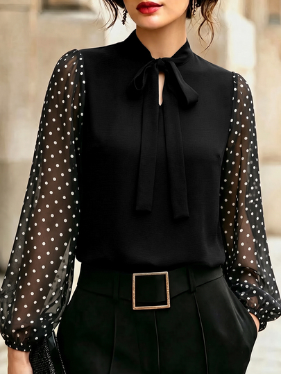 Velvienne Plus Size Women's Polka Dot Mesh Patchwork Casual Daily Wear Blouse