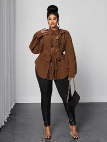 Maweii Plus Size Women Sexy Elegant Loose Brown Long Sleeve Shirt Lace 2 In 1 Inner Layer Western Style Casual Party Office Going Out Daily Loose Blouse Fall - Coffee Brown - View 5