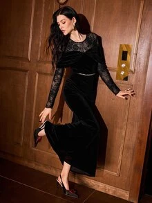 MOTF PREMIUM Đầm nữ ôm dáng thanh lịch cổ tròn phối ren tương phản tay dài - màu đen - Xem 6