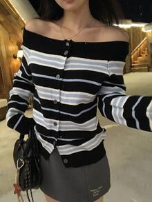 DAZY Women's Striped Off-The-Shoulder Loose Sweater - Black - View 1