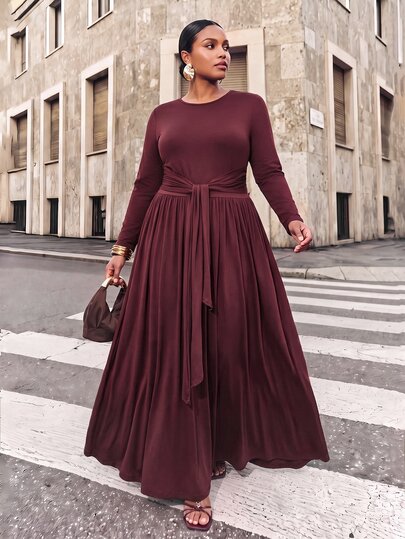 Zivah Autumn/Winter New Style Party Birthday Gathering Date Back To School Daily Street Wear All-Match Versatile Casual Holiday Outing Office Wear Commute Elegant Round Neck Long Sleeve Waist Gathered Tie Elastic Knit Fabric Brown Long Dress Plus Size Women's Dress