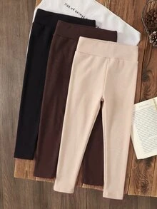 SHEIN LMoss Kids 3件組少女秋冬加厚內裡打底褲，買1得3，百搭休閒保暖內裡緊身皮質打底褲，基礎休閒款 - 彩色 - 查看 2