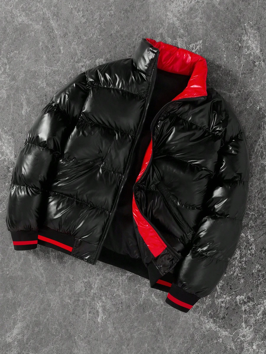 SHEIN 兒童青少年男孩秋冬款連帽保暖內裡加厚黑色夾克外套,絎縫外套,冬季外套,派克大衣,填充外套,填充外套,絎縫外套 - 彩色 - 查看 1