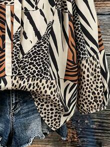 Linhara Plus Size Vacation Leopard & Zebra Print Patchwork Colorblock Top - Multicolor - View 4