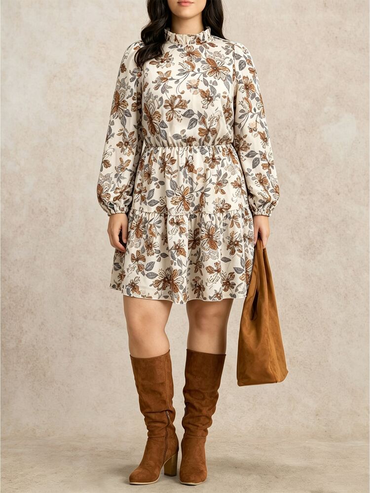 Nubod French Vintage Fashion Casual Commuter Ruffle Collar Printed Petal Sleeve Dress - Multicolor - View 5