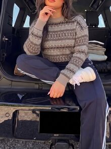 SHEIN EZwear Plus Size Women's Striped Crew Neck Long Sleeve Casual Versatile Sweater - Multicolor - View 3