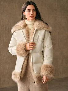 Anewsta Women's Long Sleeve Zipper Front Patchwork Fur Collar Thickened Winter Jacket - Beige - View 3