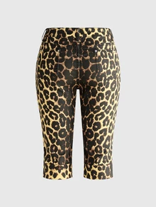 ROMWE Hippie Vintage Leopard Print Y2K Fitted Denim Mid-Length Pants - Brown - View 2