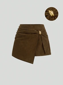 Sweetra Plus Size Women's Fashionable High Waist Slimming Knotted Asymmetrical Skort - Brown - View 3