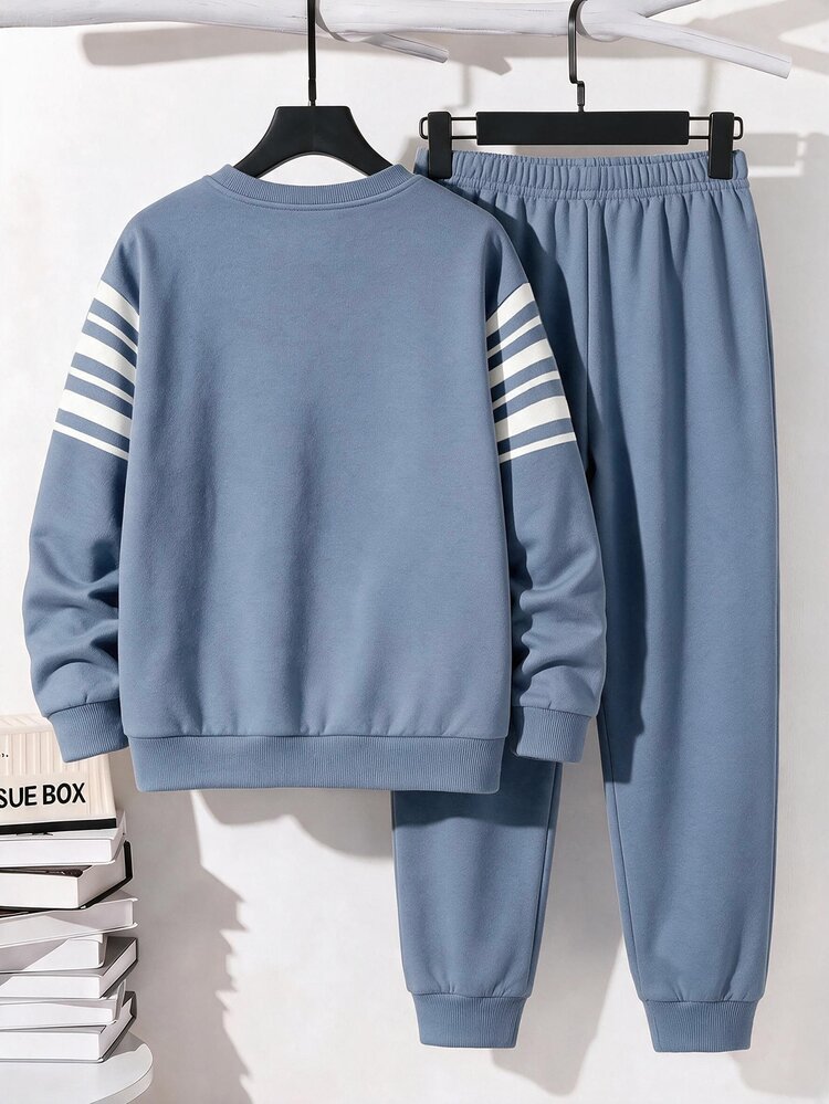 Teen Boy Casual Minimalist Long Sleeve Comfortable Crew Neck Sweatshirt And Pants 2 Pieces Set, Suitable For Autumn/Winter, Classic Retro Striped Pattern Print, Exquisite Small Horse Logo Print, Perfect For Back To School Season - Multicolor - View 4