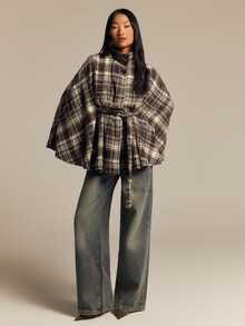COSMINA Women's Woolen High Neck Cape Style Cinched Waist Waist Brown & Light Color Plaid Pattern Autumn/Winter Outfit For Going Out - Multicolor - View 6