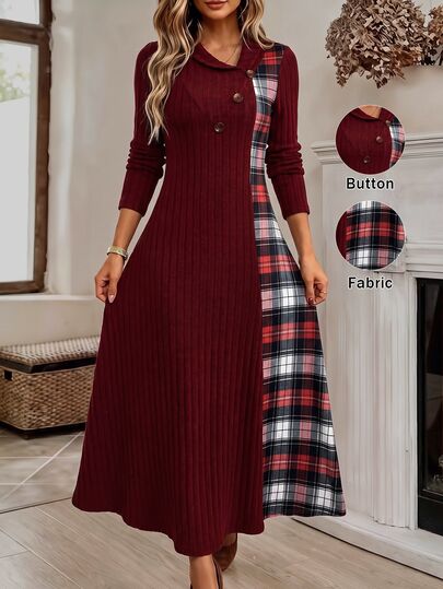 Zayélia Robe tricotée vintage bordeaux automne/hiver pour femmes, col patchwork à carreaux asymétrique, simple boutonnage, coupe trapèze, manches longues, longueur midi, convient pour les trajets quotidiens, le bureau, Thanksgiving et Noël