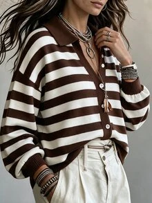 Linhara CURVE Plus Size Women's Striped Drop Shoulder Long Sleeve Single-Breasted Casual Knit Cardigan - Multicolor - View 6